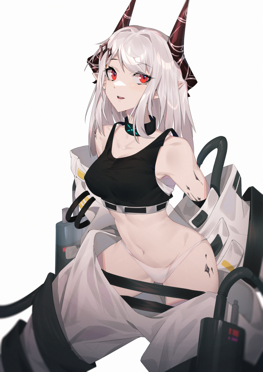 absurdres arknights bare_shoulders black_collar black_sports_bra breasts collar commentary_request cowboy_shot crop_top female highres horns large_breasts long_hair looking_at_viewer material_growth midriff mudrock_(arknights) mudrock_(elite_ii)_(arknights) navel newflame off_shoulder oripathy_lesion_(arknights) panties parted_lips partial_commentary pointy_ears red_eyes sarashi simple_background smile solo sports_bra stomach underwear white_background white_hair white_panties