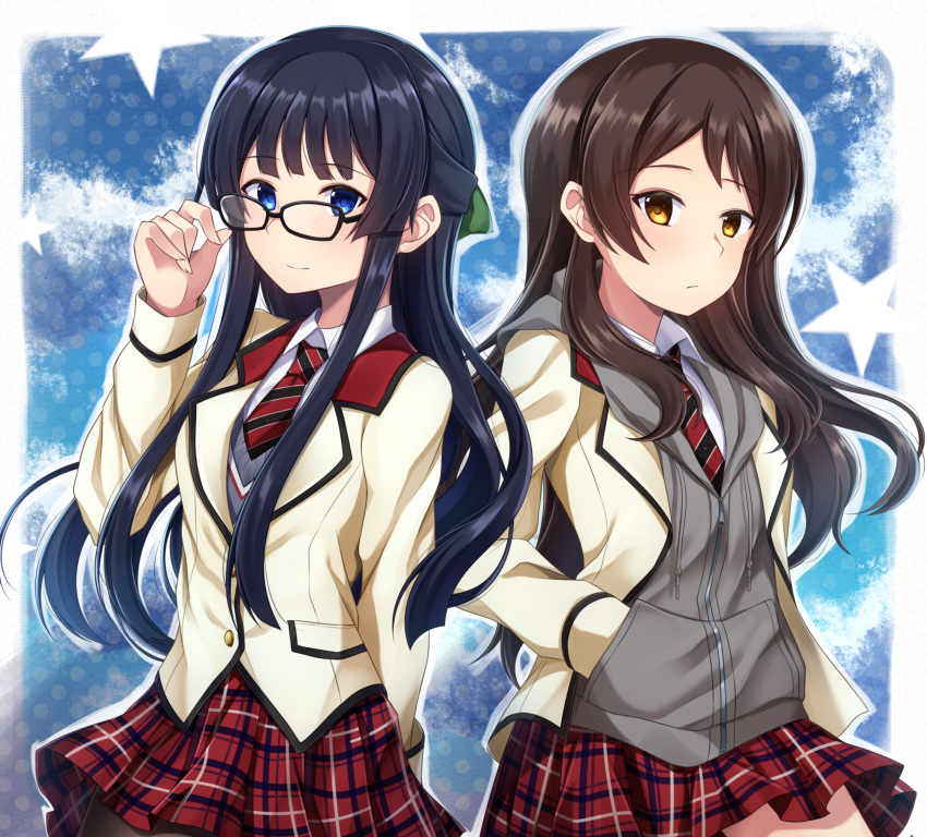 2girls bad_id bad_pixiv_id bespectacled black_hair blazer blue_eyes blush brown_eyes brown_hair closed_eyes collared_shirt commentary_request cowboy_shot glasses half_updo hand_in_pocket high_schoolmate_(idolmaster) highres hood hood_down hoodie idolmaster idolmaster_million_live! idolmaster_million_live!_theater_days jacket kitazawa_shiho kurousagi_yuu light_smile long_hair mogami_shizuka multiple_girls necktie plaid plaid_skirt school_uniform shirt skirt sleeveless sleeveless_hoodie star_(symbol) striped striped_necktie sweater_vest uniform_series_(idolmaster) white_shirt