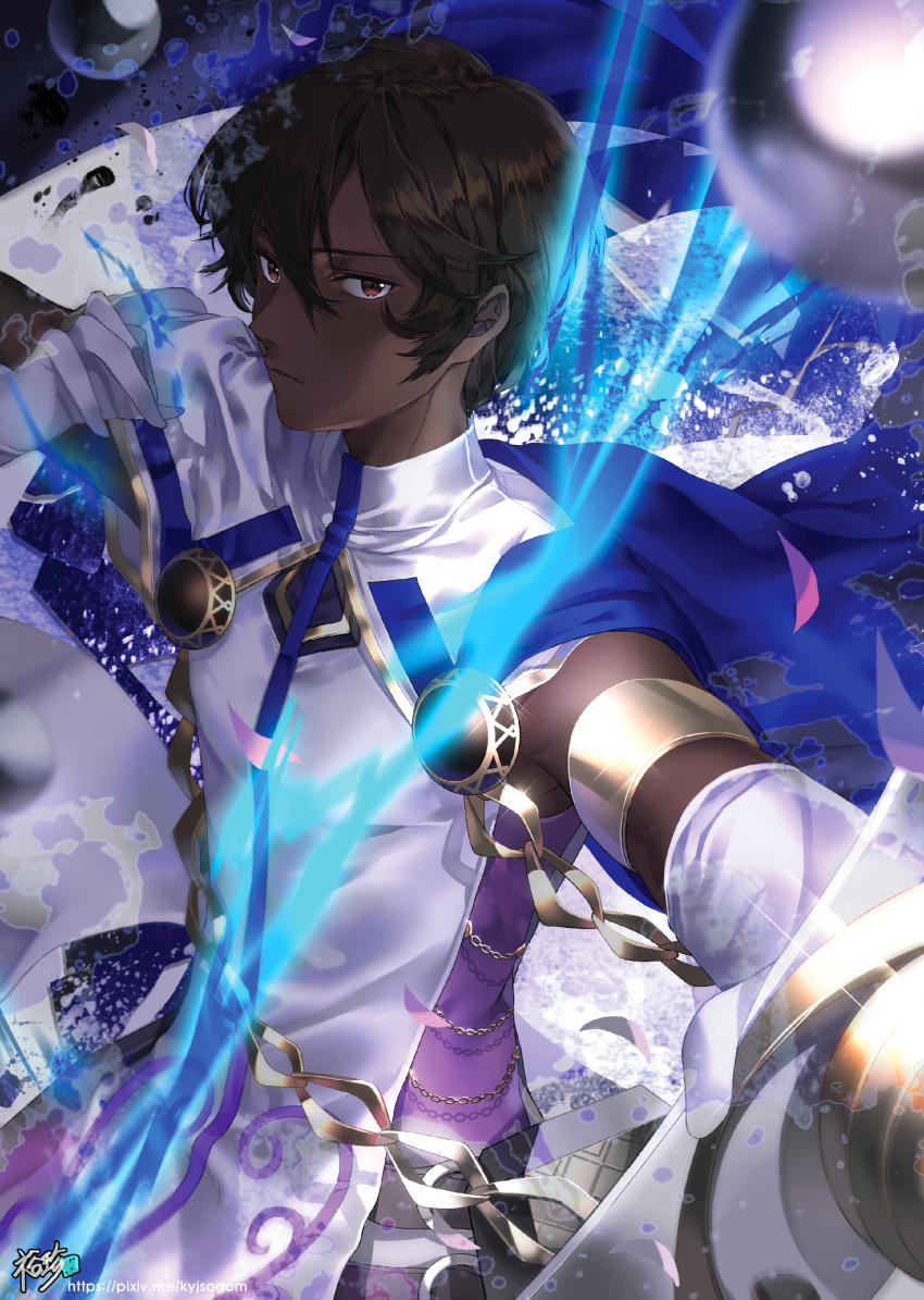 1boy abstract_background absurdres agni_gandiva archer_pose arjuna_(fate) armband bare_shoulders bow_(weapon) brown_eyes brown_hair cape closed_mouth commentary dark-skinned_male dark_skin fate/grand_order fate_(series) highres kyjsogom looking_at_viewer male_focus outstretched_arms photoshop_(medium) serious solo spread_arms standing weapon