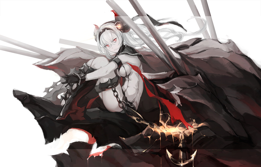 abyssal_ship air_defense_princess black_footwear black_gloves boots breasts cannon collarbone colored_skin commentary_request female frown full_body gloves hairband headgear highres hugging_own_legs kantai_collection knee_boots labombardier! large_breasts long_hair looking_at_viewer looking_to_the_side mecha_musume red_eyes simple_background sitting solo tsurime underboob white_background white_hair white_skin