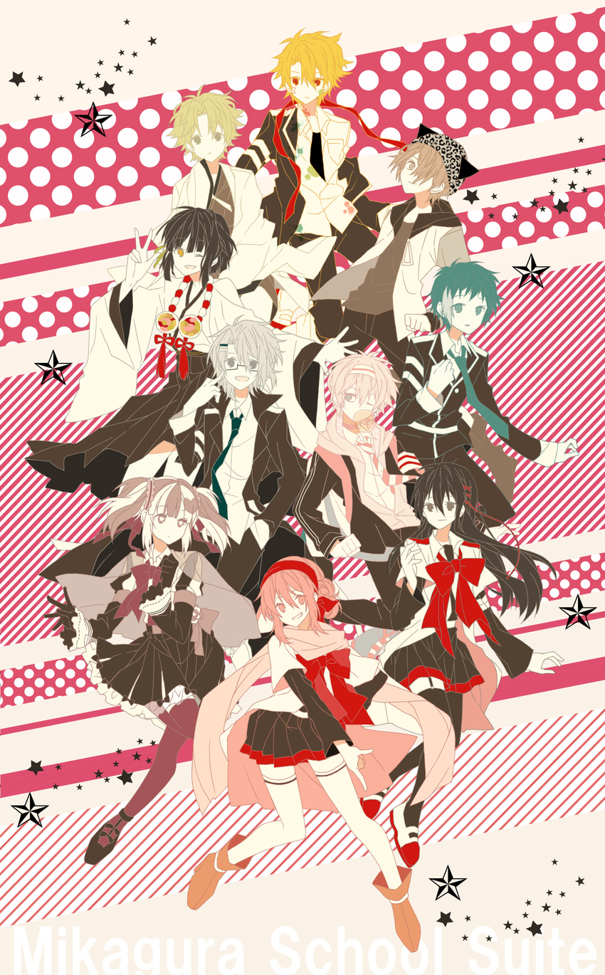 4girls 6+boys :d ;d akama_yuto animal_hat asano_(minomoto) bimi_(mgk) black_hair blonde_hair blowing_bubbles cat_hat chewing_gum commentary_request everyone fujishiro_otone hair_bun hair_ribbon hairband hat highres ichinomiya_eruna imizu_asuhi kuzuryuu_kyoma looking_at_viewer mikagura_gakuen_kumikyoku mikagura_seisa minatogawa_sadamatsu multicolored_hair multiple_boys multiple_girls ninomiya_shigure one_eye_closed open_mouth pink_eyes pink_hair purple_eyes purple_hair ribbon scarf school_uniform short_hair simple_background single_side_bun skirt smile thighhighs twintails two-tone_hair v white_hair white_legwear yasaka_himi zettai_ryouiki