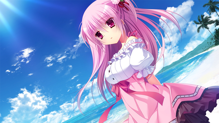 beach front_wing game_cg innocent_girl long_hair midou_konoka nanaca_mai pink_eyes pink_hair sky water