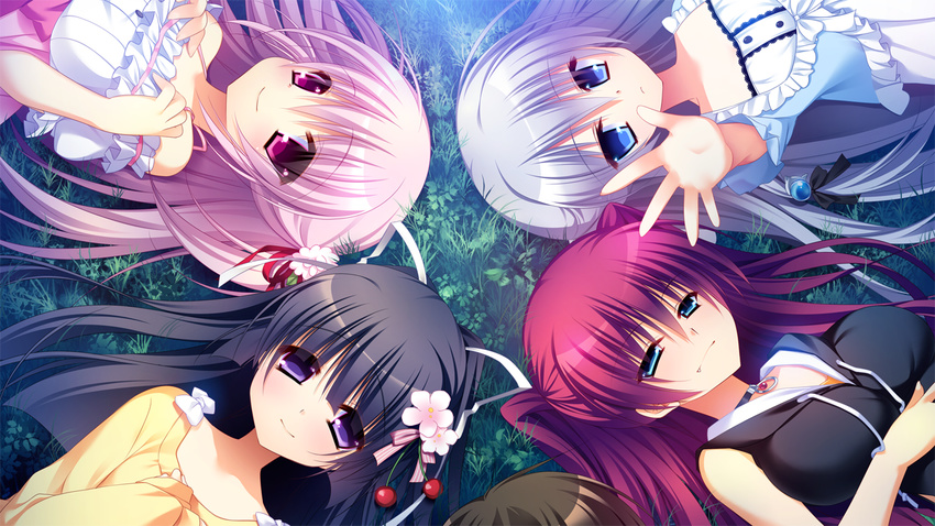 ayashiro_kagari black_hair blue_eyes front_wing game_cg innocent_girl long_hair midou_konoka nanaca_mai nanami_hinako ousaka_kanae pink_eyes pink_hair purple_eyes red_hair