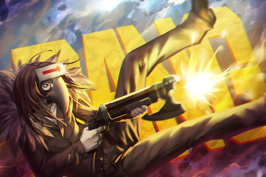 bad_id bad_pixiv_id bobomaster brown_hair chromatic_aberration gun long_hair mask photoshop_(medium) pixiv_fantasia pixiv_fantasia_t red_eyes solo weapon