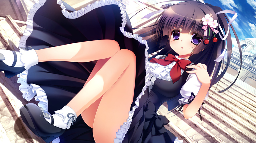 black_hair bow front_wing game_cg innocent_girl long_hair nanaca_mai nanami_hinako purple_eyes socks