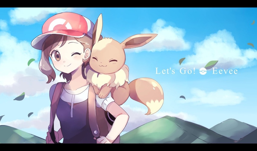 :3 ^_^ ayumi_(pokemon) backpack bad_id bad_twitter_id bag baseball_cap black_vest blue_sky brown_eyes brown_hair closed_eyes closed_mouth cloud collarbone commentary_request day eevee english gen_1_pokemon hat holding_strap leaf letterboxed long_hair looking_at_viewer mei_(maysroom) mountain one_eye_closed outdoors pokemon pokemon_(creature) pokemon_(game) pokemon_lgpe pokemon_on_shoulder ponytail red_hat shirt sky smile upper_body vest walking white_shirt wind