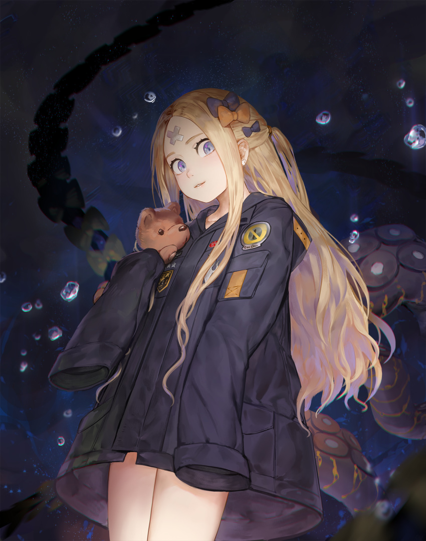 abigail_williams_(fate) abigail_williams_(traveling_outfit)_(fate) air_bubble bad_id bad_pixiv_id bandaid bandaid_on_face bandaid_on_forehead black_bow black_coat blonde_hair blue_eyes bow bubble coat commentary cowboy_shot crossed_bandaids dark_background earrings fate/grand_order fate_(series) female from_below hairbow highres holding holding_stuffed_toy hood hood_down hooded_coat jewelry long_hair long_sleeves looking_at_viewer looking_down neon.p no_pants official_alternate_costume one_side_up orange_bow parted_lips sidelocks sleeves_past_fingers sleeves_past_wrists solo stuffed_animal stuffed_toy teddy_bear tentacle underwater