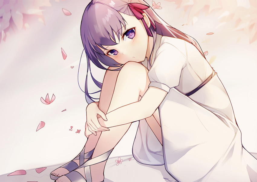 bad_id bad_pixiv_id blush commentary_request dress falling_petals fate/stay_night fate_(series) female hair_ribbon heaven's_feel legs long_hair looking_at_viewer matou_sakura official_alternate_costume petals purple_eyes purple_hair red_ribbon ribbon sandals sitting solo white_dress xoaiu