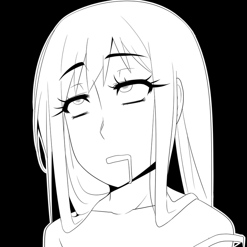 commentary_request drooling female greyscale hayashi_custom highres long_hair looking_up monochrome original raised_eyebrows sachiko_(hayashi_custom) saliva solo