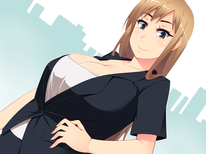 breasts brown_hair cleavage commentary_request dutch_angle female green_eyes hayashi_custom large_breasts long_hair looking_at_viewer original photoshop_(medium) sachiko_(hayashi_custom) smile solo