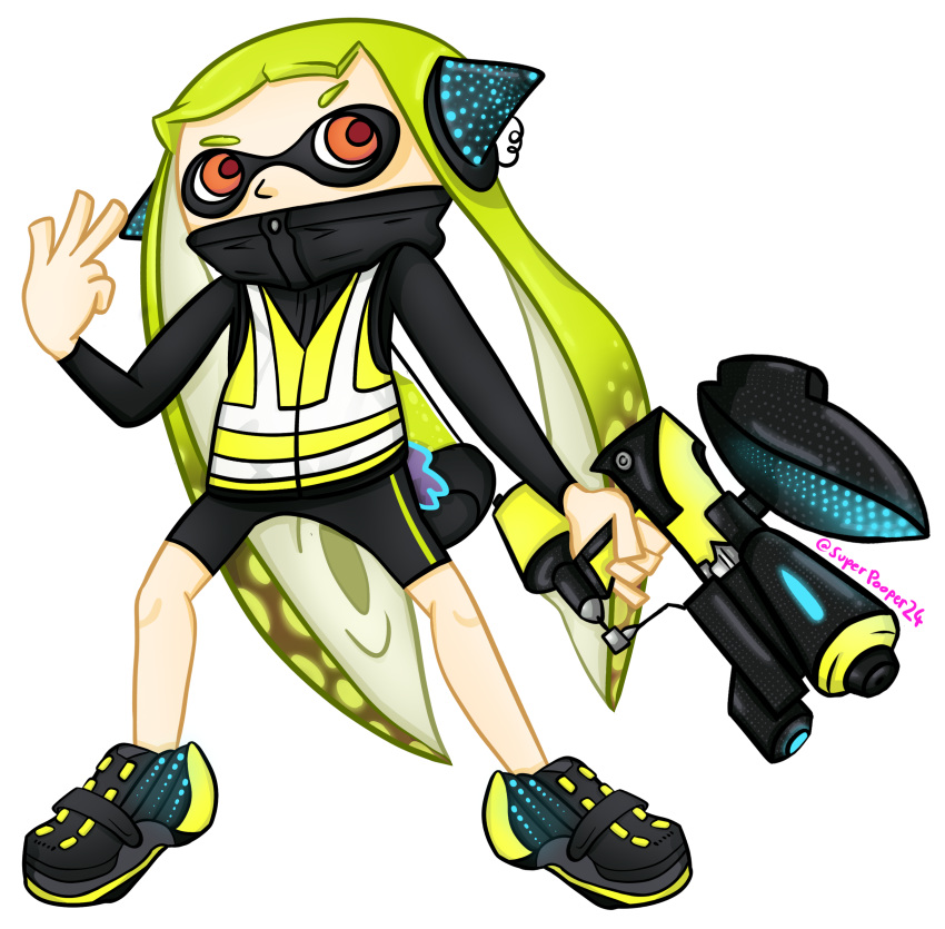 2018 absurd_res agent_3_(splatoon) alpha_channel animal_humanoid cephalopod cephalopod_humanoid clothing collar electronics female full-length_portrait gesture green_hair hair hand_gesture headphones hero_shot hi_res humanoid inkling marine marine_humanoid mask mollusk mollusk_humanoid nintendo portrait pseudo_hair signature solo splatoon splattershot suction_cup supersoupnova tentacle tentacle_hair v_sign weapon