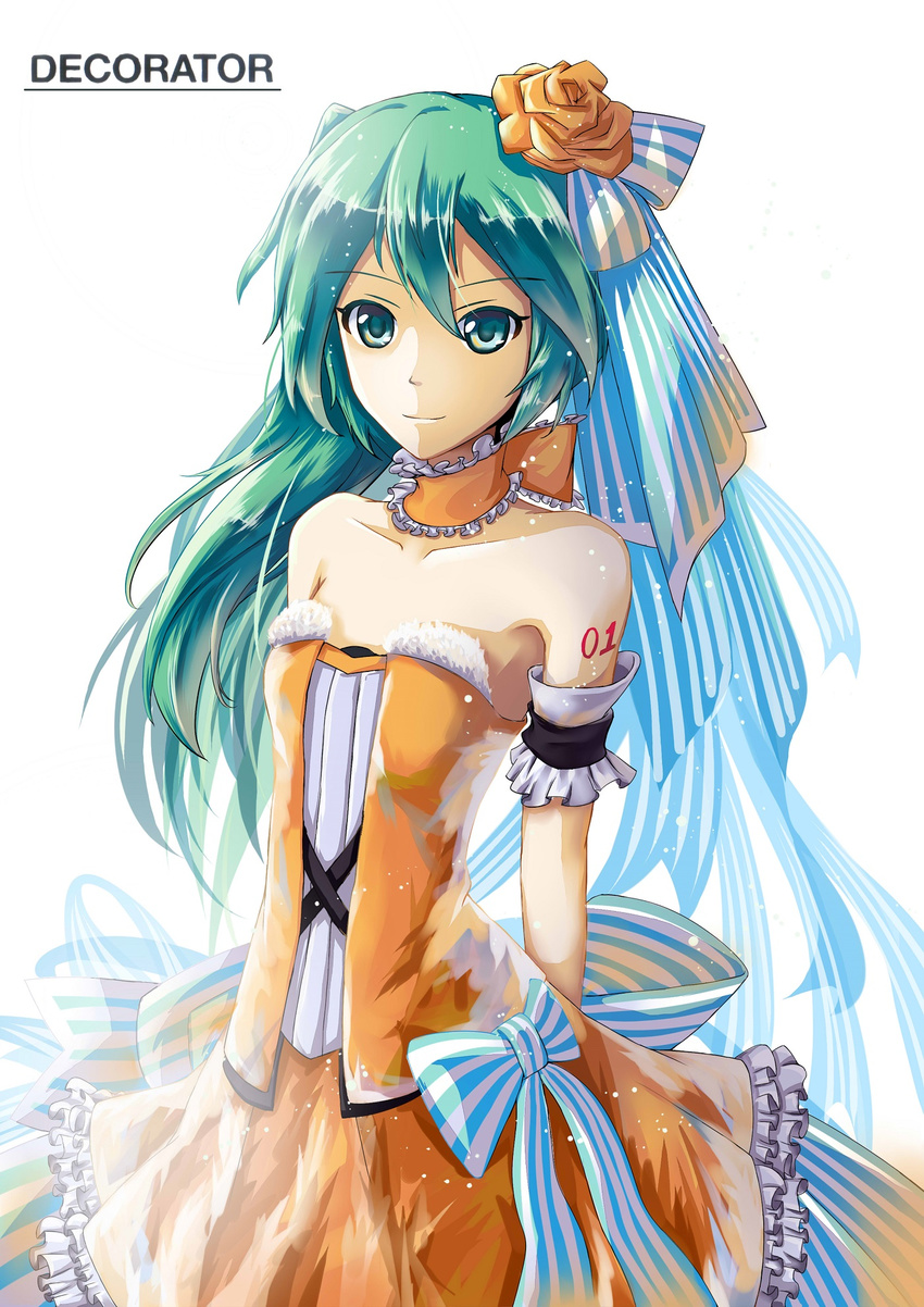 arms_behind_back bare_shoulders commentary decorator_(vocaloid) detached_sleeves english_text female green_eyes green_hair hair_ornament hatsune_miku highres long_hair luozi_roko number_tattoo side_ponytail skirt solo strapless tattoo vocaloid