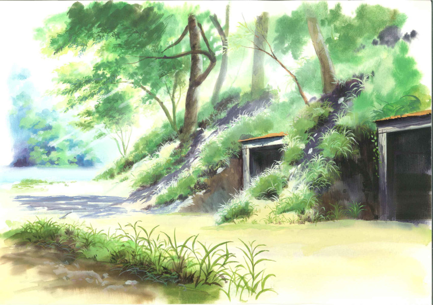 anchoku_0621 calligraphy_brush_(medium) commentary day forest grass highres hotaru_no_haka nature no_humans outdoors painting_(medium) river takahata_isao traditional_media tree watercolor_(medium)