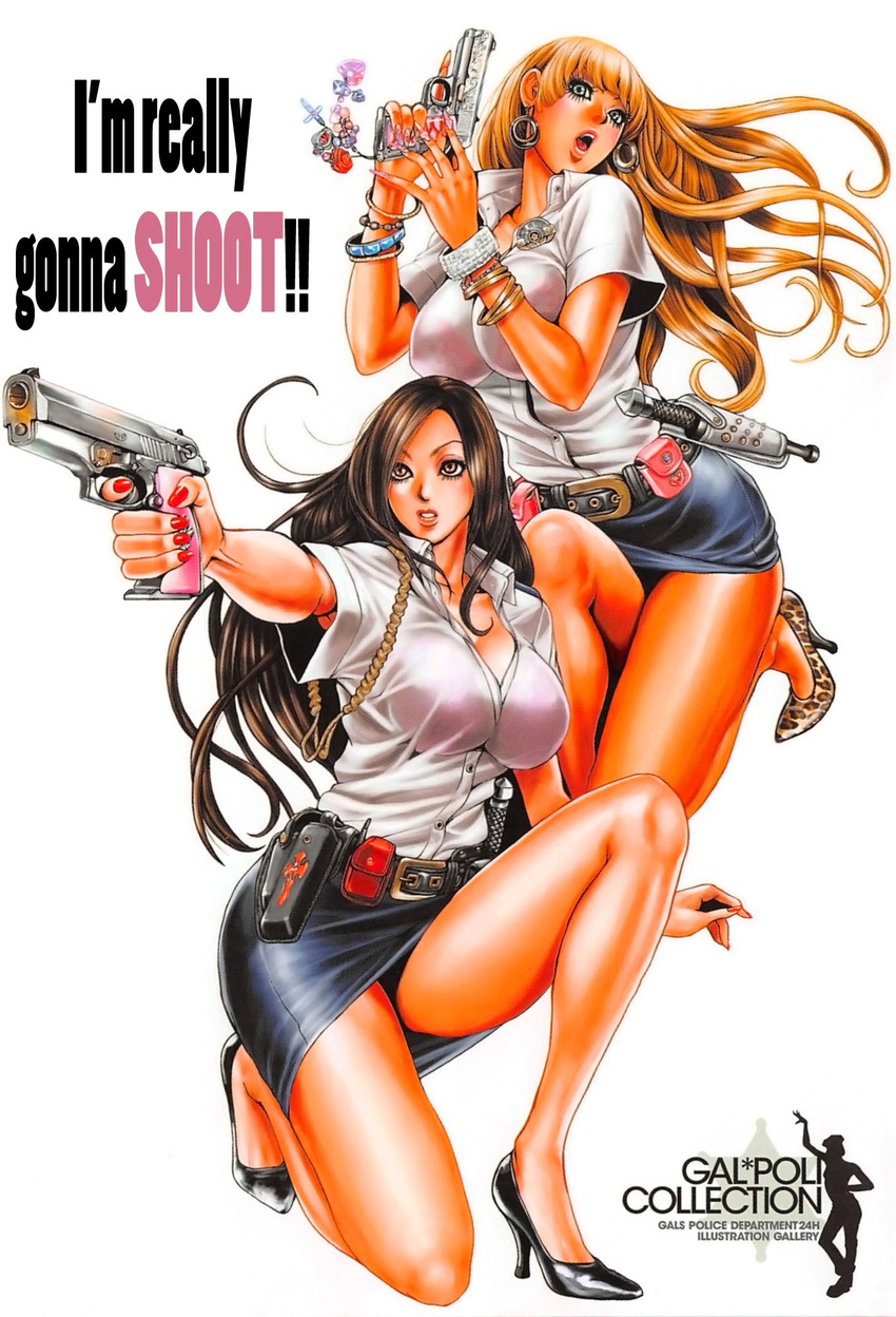 2girls blonde_hair blue_eyes bracelet breasts brown_eyes brown_hair dark-skinned_female dark_skin earrings fingernails galspolice_24h ganguro gun handgun high_heels highres jewelry large_breasts long_fingernails long_hair miniskirt multiple_girls nail_polish open_mouth orange_hair parted_lips photoshop_(medium) pumps skirt tabe_koji trigger_discipline weapon