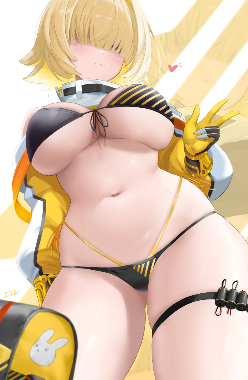 absurdres bikini black_bikini black_gloves blonde_hair breasts cleavage clothing_cutout cropped_sweater cyicheng elegg_(nikke) eyes_visible_through_hair female gloves goddess_of_victory:_nikke hair_over_eyes highres large_breasts long_bangs long_sleeves looking_at_viewer multicolored_hair navel oerba_yun_fang plump purple_eyes short_hair shoulder_cutout smile solo striped_bikini striped_clothes sweater swimsuit thigh_strap two-tone_gloves two-tone_hair variant_set white_sweater yellow_gloves