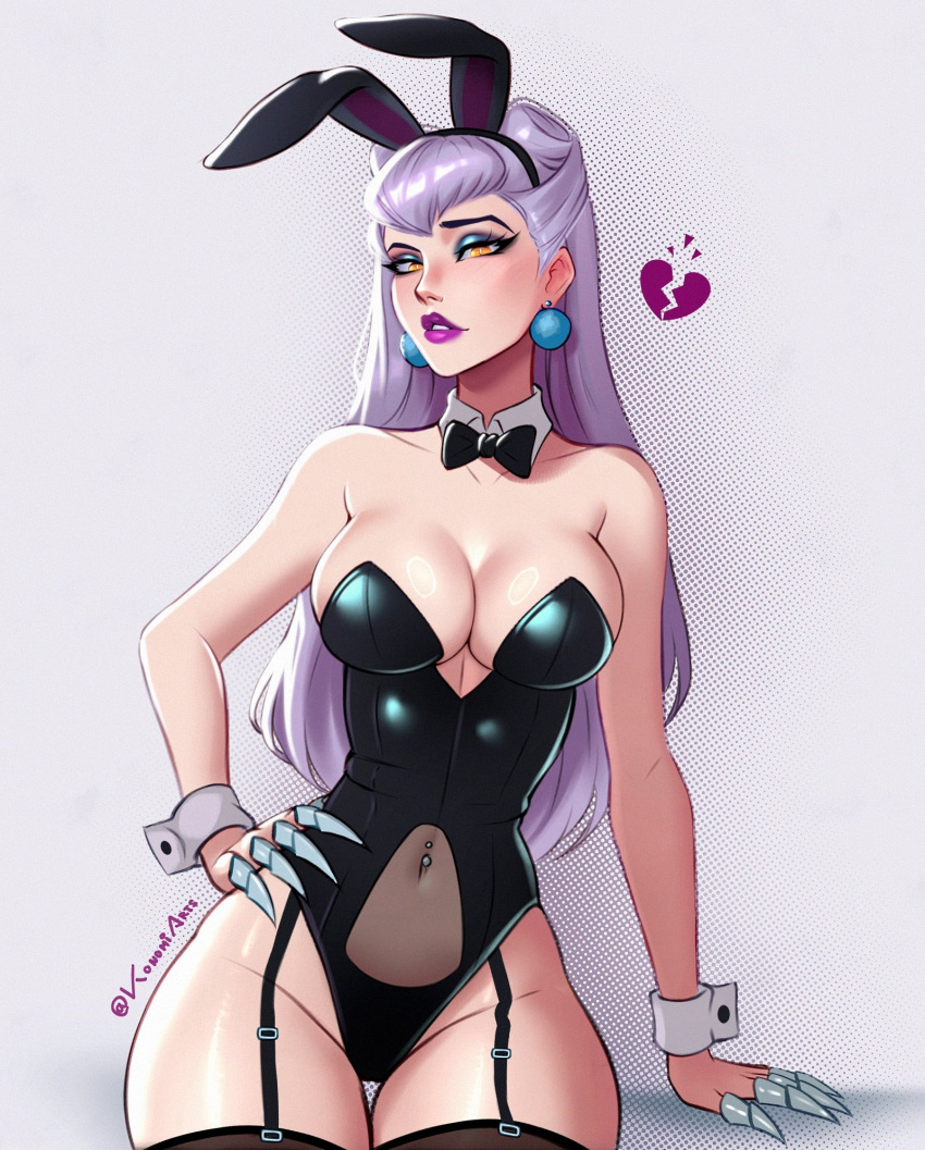 animal_ears bare_shoulders black_bow black_bowtie black_leotard black_thighhighs bow bowtie breasts broken_heart detached_collar earrings evelynn_(league_of_legends) fake_animal_ears female garter_straps heart highres jewelry k/da_(league_of_legends) k/da_evelynn konomidraws large_breasts league_of_legends leotard long_hair looking_at_viewer navel_piercing piercing playboy_bunny rabbit_ears simple_background solo strapless strapless_leotard thighhighs wrist_cuffs