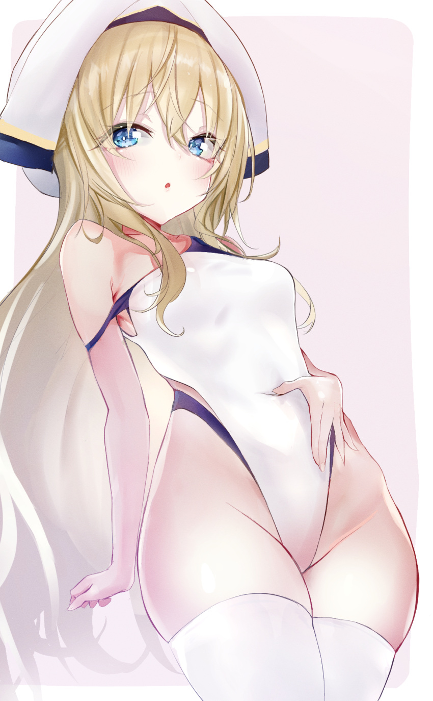 armpits blonde_hair blue_eyes blush breasts competition_swimsuit covered_navel eyebrows_hidden_by_hair female goblin_slayer! groin habit hair_between_eyes hand_on_own_stomach hat highres hjae lips long_hair looking_at_viewer one-piece_swimsuit open_mouth priestess_(goblin_slayer!) simple_background small_breasts solo strap_slip swimsuit thighhighs very_long_hair white_hat white_one-piece_swimsuit white_thighhighs