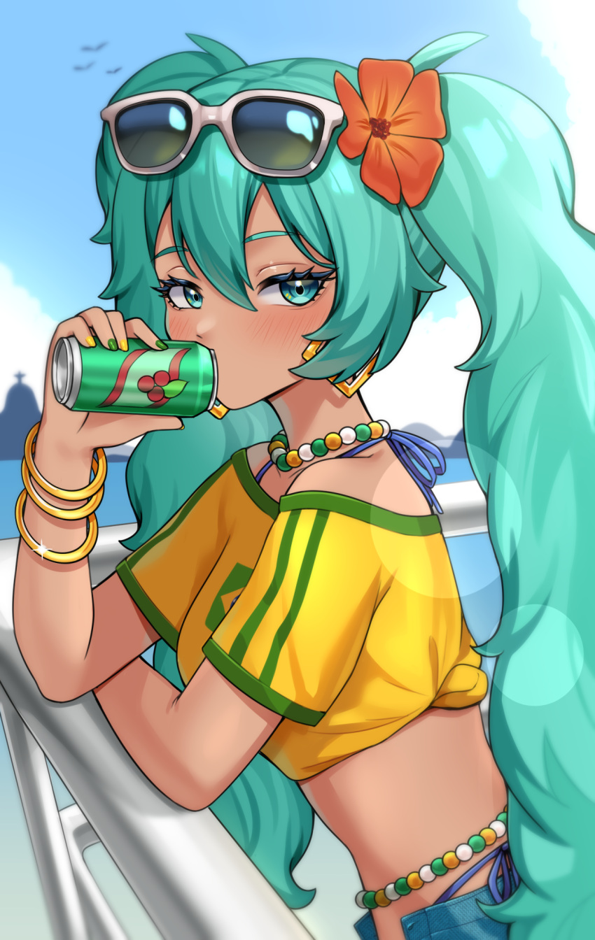 against_railing aqua_eyes aqua_hair bead_necklace beads bird boat bracelet brazil brazilian_flag_print brazilian_miku breasts can denim denim_shorts drink_can drinking earrings eyewear_on_head female flower from_side hair_between_eyes hair_flower hair_ornament hatsune_miku highres holding holding_can hoonyusi jewelry lens_flare light_blush long_hair looking_at_viewer medium_breasts mountainous_horizon multicolored_nails nail_polish necklace on_boat railing shirt short_shorts shorts soda_can sparkle sunglasses tan twintails very_long_hair vocaloid watercraft yellow_shirt