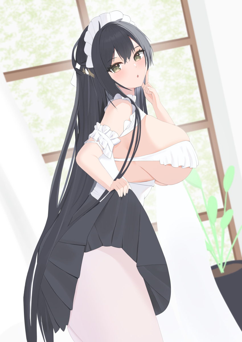 absurdres azur_lane black_hair black_skirt breasts cowboy_shot dutch_angle female from_side green_eyes hair_between_eyes highres huge_breasts indomitable_(azur_lane) indomitable_(ms._motivationless_maid)_(azur_lane) leaning_forward long_hair looking_at_viewer maid_headdress official_alternate_costume pantyhose plant pleated_skirt potted_plant rita_(utya4488) skirt solo very_long_hair white_pantyhose