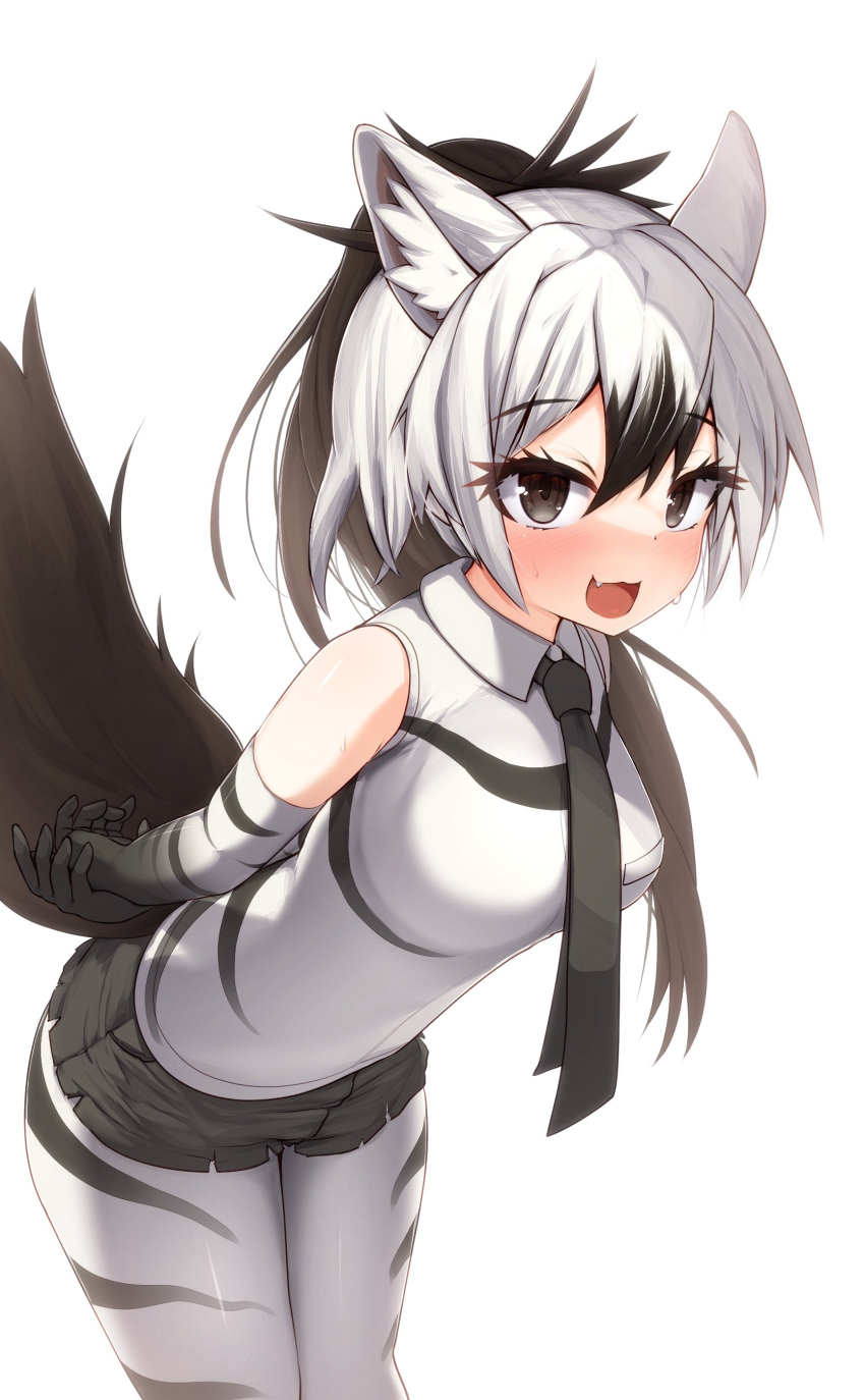 :3 aardwolf_(kemono_friends) aardwolf_print absurdres arms_behind_back bare_shoulders black_gloves black_hair black_necktie black_shirt black_shorts black_thighhighs blush brown_eyes collared_shirt cowboy_shot elbow_gloves female gloves hair_between_eyes highres hyena_ears hyena_girl hyena_tail karekusa_meronu kemono_friends looking_at_viewer multicolored_hair necktie oerba_yun_fang open_mouth pantyhose_under_shorts ponytail print_gloves print_shirt print_thighhighs shirt short_hair short_shorts shorts sidelocks sleeveless smile solo sweatdrop thighhighs two-tone_gloves two-tone_hair two-tone_shirt two-tone_thighhighs white_gloves white_hair white_shirt white_thighhighs