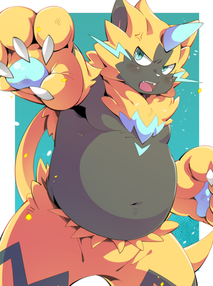 2024 anthro belly big_belly biped black_body blush generation_7_pokemon hi_res kemono konsuke legendary_pokemon navel nintendo open_mouth pokemon pokemon_(species) simple_background solo white_body zeraora