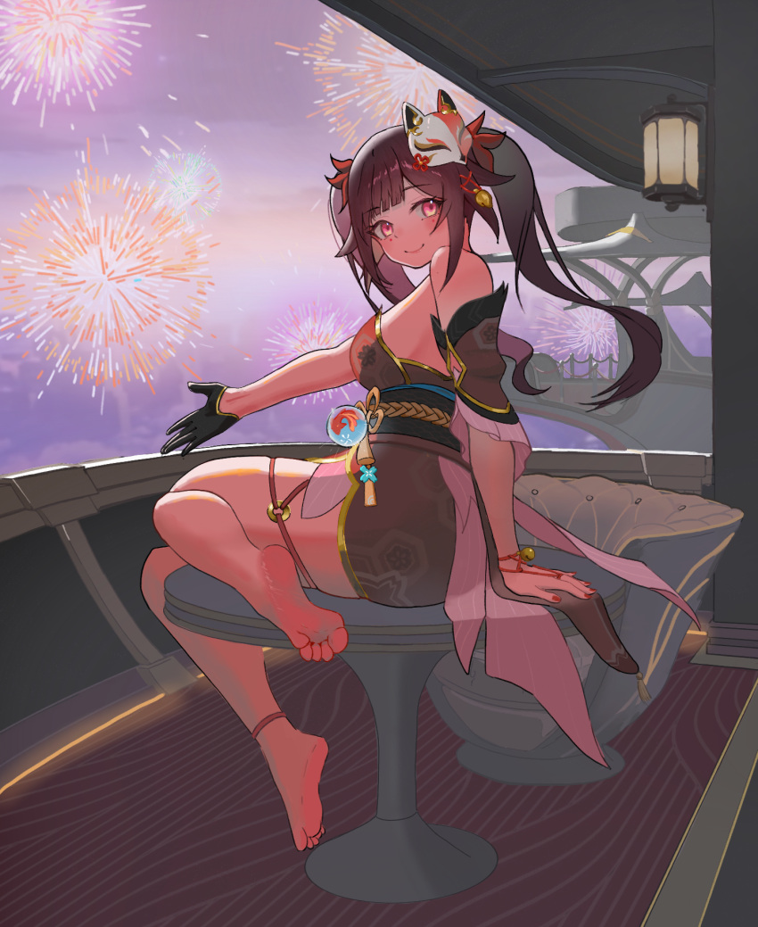 anklet ass asymmetrical_gloves atbear barefoot bell black_gloves breasts closed_mouth detached_sleeves dress eyebrows_hidden_by_hair female fireworks fox_mask from_side full_body gloves highres honkai:_star_rail honkai_(series) jewelry jingle_bell looking_at_viewer mask mask_on_head medium_breasts mole mole_under_each_eye mole_under_eye multiple_moles nail_polish red_carpet red_dress red_eyes sideboob sitting sitting_on_table smile soles solo sparkle_(honkai:_star_rail) strapless strapless_dress toes twintails