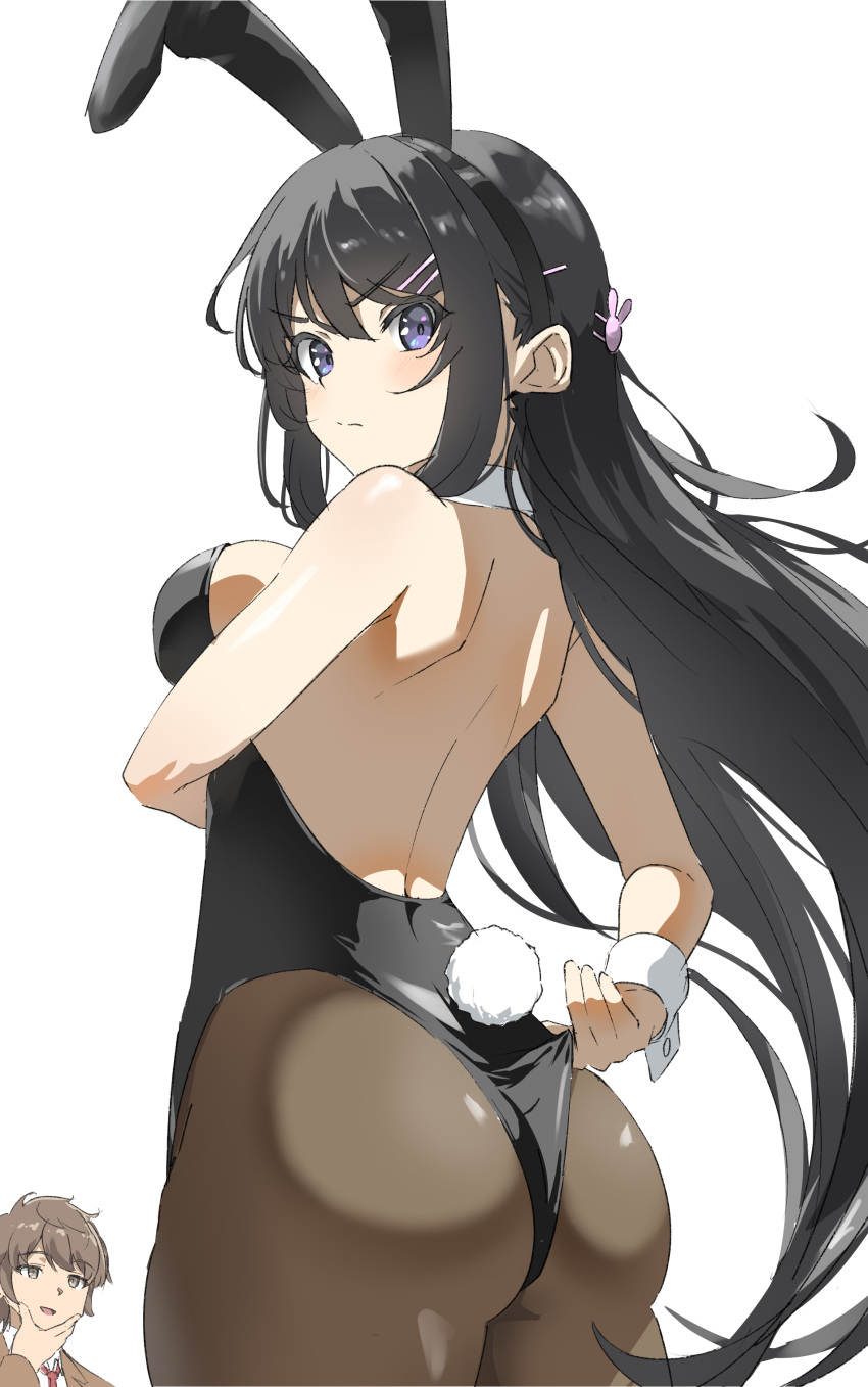 1boy absurdres animal_ears ass azusagawa_sakuta back backless_leotard black_hair black_leotard black_pantyhose breasts brown_hair commentary_request fake_animal_ears fake_tail female from_behind highres india_boots2 large_breasts leotard leotard_pull long_hair looking_at_viewer looking_back pantyhose playboy_bunny purple_eyes rabbit_ears rabbit_tail sakurajima_mai seishun_buta_yarou shoulder_blades simple_background strapless strapless_leotard tail white_background wrist_cuffs