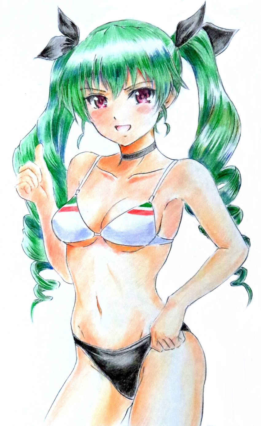 absurdres adjusting_clothes adjusting_swimsuit anchovy_(girls_und_panzer) bikini black_bikini black_choker black_ribbon choker colored_pencil_(medium) commentary cowboy_shot drill_hair female girls_und_panzer green_hair groin hair_ribbon highres isao_outaki long_hair looking_at_viewer mismatched_bikini navel open_mouth red_eyes ribbon simple_background smile solo standing swimsuit thumbs_up traditional_media twin_drills twintails white_background white_bikini