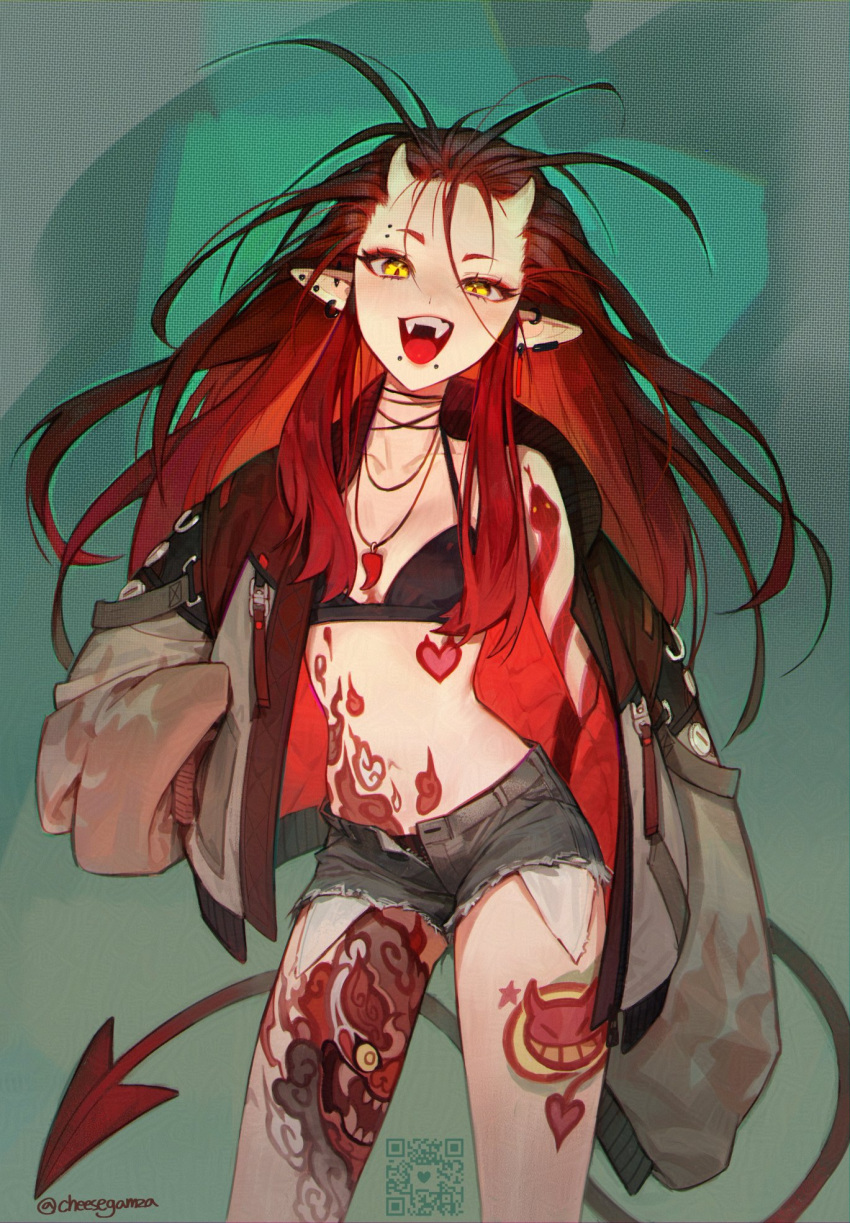 arm_tattoo black_shorts bra demon_girl demon_tail ear_piercing exposed_pocket fangs female floating_hair gamza hair_slicked_back highres horns jacket jewelry leg_tattoo long_hair messy_hair necklace off_shoulder oni open_mouth original piercing pointy_ears red_hair sharp_teeth shorts simple_background single_off_shoulder skin-covered_horns smile strap tail tattoo teeth tongue underwear yellow_eyes