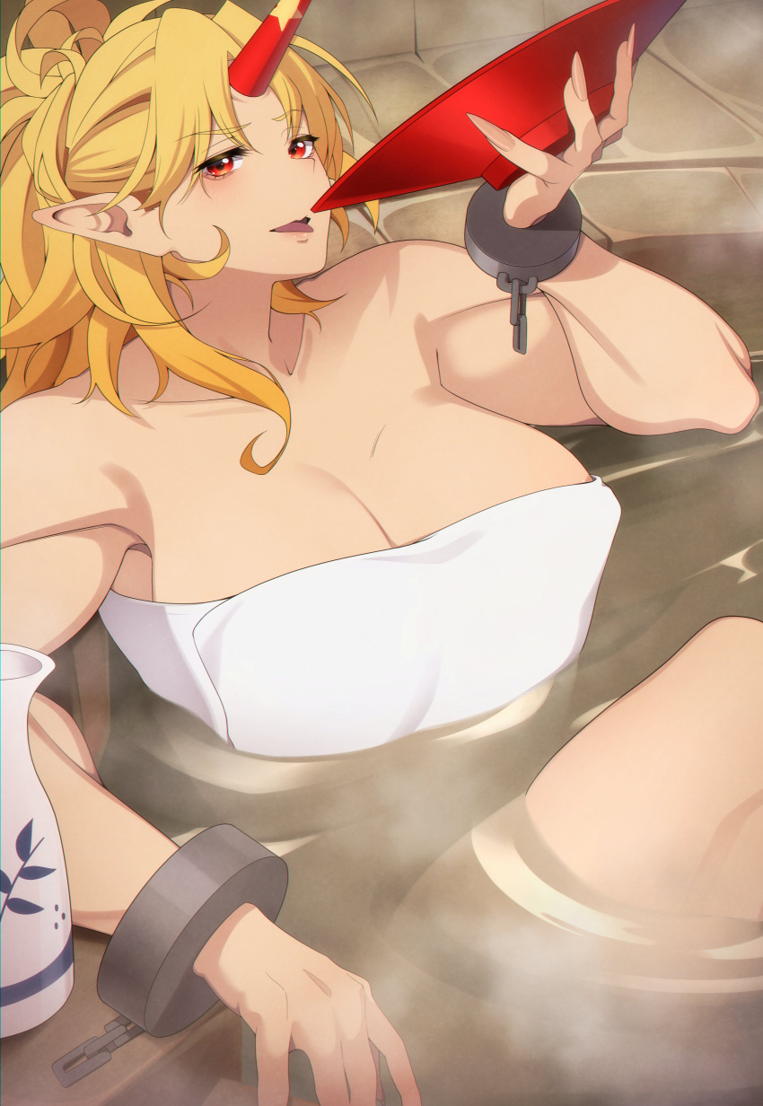 absurdres bath bathing blonde_hair blush breasts cleavage commentary commission cone_horns cuffs cup english_commentary feet_out_of_frame female fingernails half_updo highres holding holding_cup horns hoshiguma_yuugi large_breasts long_hair looking_at_viewer naked_towel open_mouth pointy_ears red_eyes red_horns sakazuki sharp_fingernails single_horn smile solo star_(symbol) tokkuri touhou towel umisaki water