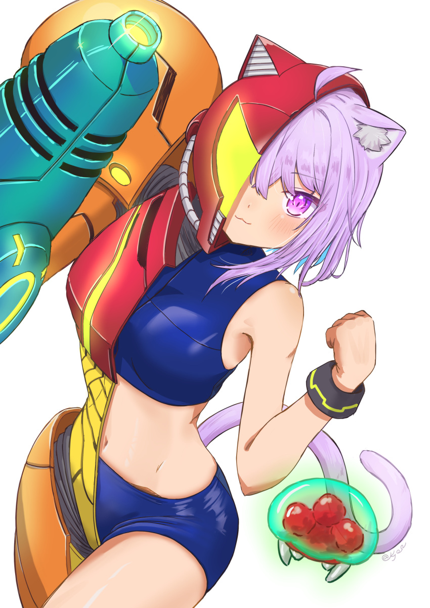 animal_ears arm_cannon armor assault_visor blue_shorts cat_ears cat_tail commentary_request cosplay crop_top female highres hololive kyo_se metroid metroid_(creature) midriff navel nekomata_okayu power_armor purple_eyes purple_hair samus_aran samus_aran_(cosplay) shorts smile split_theme tail virtual_youtuber weapon yellow_visor