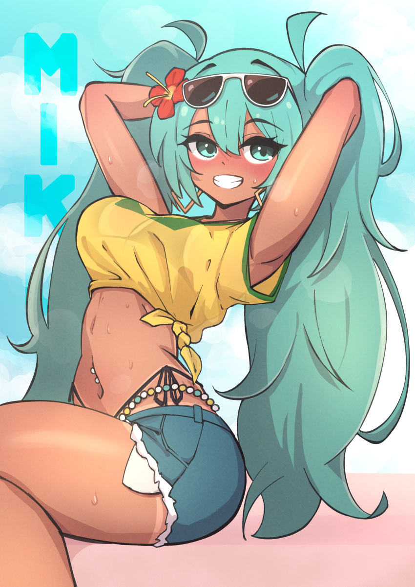 absurdres aqua_eyes aqua_hair arm_behind_head armpits bebatch bikini bikini_visible_through_clothes black_bikini brazilian_flag_print brazilian_miku breasts character_name denim denim_shorts earrings eyewear_on_head female flower hair_between_eyes hair_flower hair_ornament hatsune_miku highres jersey jewelry long_hair looking_at_viewer medium_breasts navel_piercing open_mouth piercing shirt short_shorts shorts sitting smile solo sunglasses sweat swimsuit tan tanlines teeth twintails very_long_hair vocaloid yellow_shirt