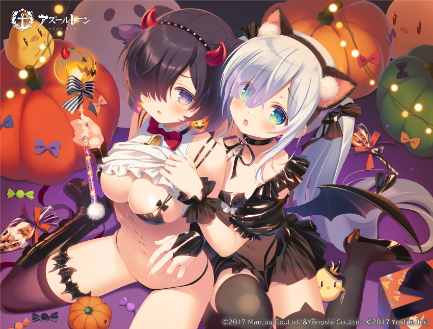 2girls absurdres animal_ear_legwear animal_ears azur_lane bell black_choker black_dress black_footwear black_hair black_thighhighs blue_eyes boots bow bowtie box breasts bridal_gauntlets candy cat_ear_legwear choker clothes_lift collarbone commentary_request copyright_name copyright_notice demon_horns dress earrings eyes_visible_through_hair fake_animal_ears fake_horns food gift gift_box grey_hair hair_between_eyes hair_ribbon halloween hand_on_another's_stomach hat high_heels highres holding holding_wand horns jack-o'-lantern jack-o'-lantern_earrings janus_(azur_lane) janus_(fright-night_scaredy-cat)_(azur_lane) jervis_(azur_lane) jewelry knee_boots lifting_another's_clothes long_hair looking_at_viewer manjuu_(azur_lane) multiple_girls navel neck_bell official_alternate_costume official_art one_eye_covered open_mouth orange_bow purple_eyes red_bow red_bowtie ribbon santa_matsuri second-party_source see-through_clothes shirt_lift short_hair single_thighhigh star_(symbol) thighhighs wand witch_hat wrapped_candy