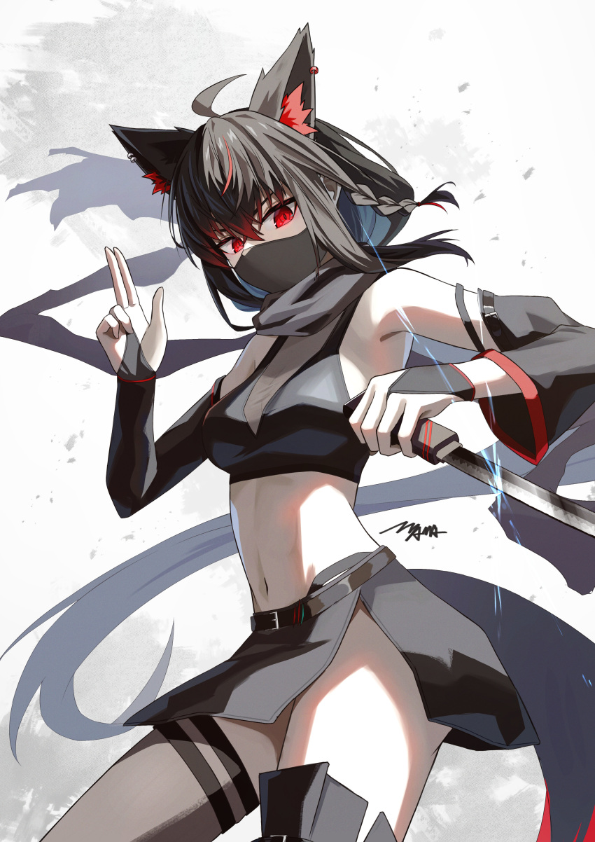 absurdres alternate_costume animal_ear_fluff animal_ear_piercing animal_ears bare_shoulders belt black_hair black_skirt breasts bridal_gauntlets commentary crop_top detached_sleeves female fox_ears fox_girl fox_tail highres holding holding_knife hololive knife kuji-in kurokami_fubuki leather_belt looking_at_viewer low_ponytail mask medium_hair mouth_mask multicolored_hair nagae_yama navel ninja ninja_mask red_eyes red_hair signature skirt small_breasts solo streaked_hair tail thigh_strap virtual_youtuber white_background