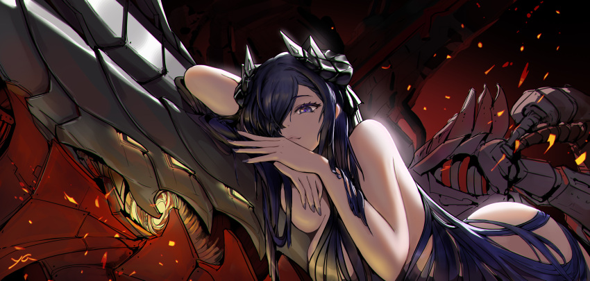 17yq absurdres ass august_von_parseval_(azur_lane) azur_lane black_horns breasts curled_horns female hair_over_one_eye highres horns large_breasts long_hair looking_at_viewer nail_polish non-humanoid_robot nude purple_eyes purple_hair purple_nails robot robot_dragon solo very_long_hair