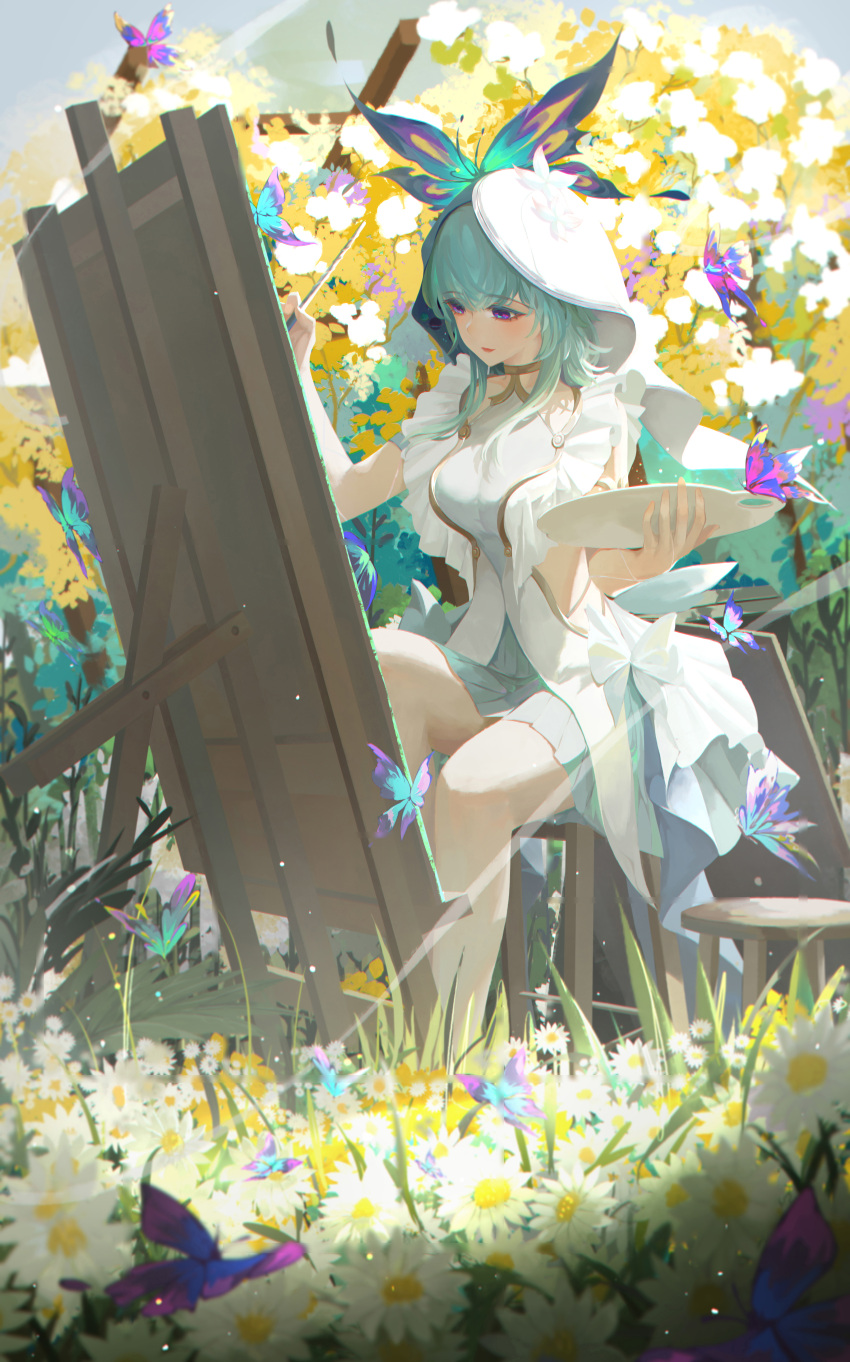 absurdres bare_legs blue_hair breasts canvas_(object) commentary dress female highres holding holding_paintbrush holding_palette large_breasts legs long_hair nir_525 paintbrush palette_(object) sitting sleeveless sleeveless_dress solo the_shorekeeper_(wuthering_waves) veil white_dress white_veil wuthering_waves