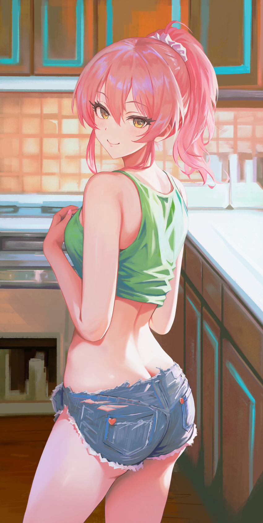 absurdres ass bare_shoulders blue_shorts blush breasts butt_crack closed_mouth denim denim_shorts female from_behind hair_between_eyes hair_ornament hair_scrunchie highres idolmaster idolmaster_cinderella_girls jougasaki_mika long_hair looking_at_viewer looking_back pink_hair ponytail qingli_ye scrunchie short_shorts shorts smile solo standing tank_top torn_clothes torn_shorts yellow_eyes