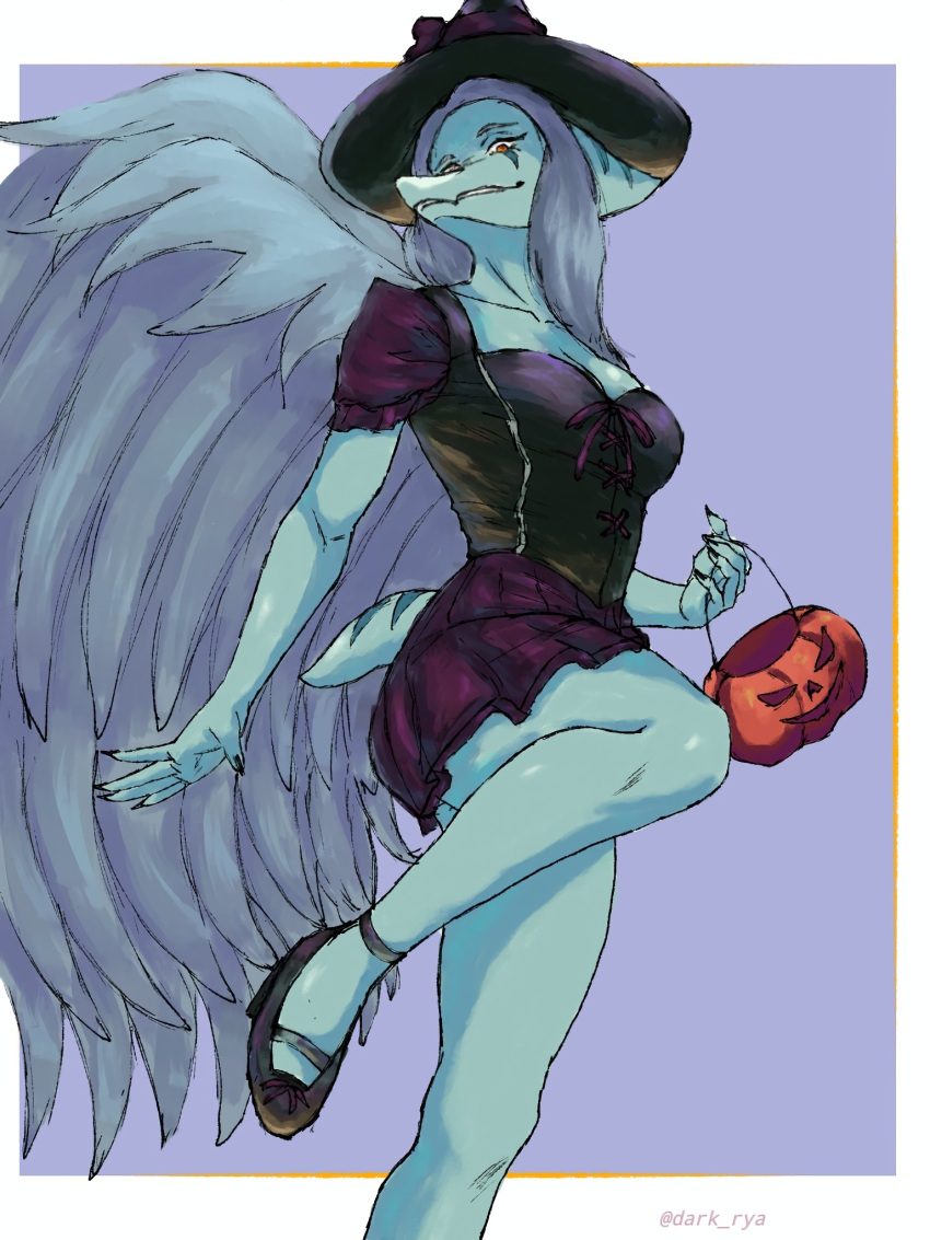 2024 3:4 5_fingers anthro artist_name bent_leg biped blue_body blue_scales bone_frill bottomwear breasts candy_bucket claws clothed clothed_anthro clothed_female clothing colored dark_rya fang_(gvh) feathered_wings feathers female finger_claws fingers frill_(anatomy) goodbye_volcano_high grey_body grey_feathers grey_hair hair halloween hat headgear headwear hi_res holding_object holidays humanoid_hands long_hair looking_at_viewer low-angle_view medium_breasts non-mammal_breasts orange_eyes portrait pose prehistoric_species pterodactylus pterosaur purple_background purple_bottomwear purple_clothing purple_skirt raised_leg reptile scales scalie short_tail simple_background skirt smile solo standing tail three-quarter_portrait three-quarter_view wings witch_costume witch_hat