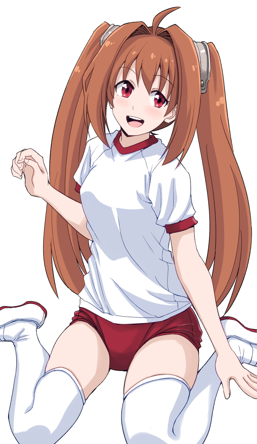 :d brown_hair buruma eiyuu_densetsu estelle_bright female full_body gym_shirt gym_uniform highres long_hair looking_at_viewer open_mouth ponzu_rui red_buruma red_eyes shirt simple_background smile solo sora_no_kiseki thighhighs twintails white_background white_thighhighs