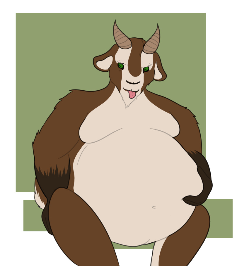 2017 2_horns anthro belly bent_arm big_belly black_nose bovid_horn brown_body brown_fur brown_horn brown_tail caprine_horn closed_smile digital_drawing_(artwork) digital_media_(artwork) english_description featureless_chest fingers flat_colors fur goat_horn green_eyes greg_(theannoyingnpc) hi_res holding_belly horizontal_pupils horn male male_anthro moobs mouth_closed multicolored_body multicolored_fur navel nude_anthro nude_male obese obese_anthro obese_male overweight overweight_anthro overweight_male pink_tongue pupils simple_background sitting smile solo tail theannoyingnpc tongue two_tone_tail white_body white_fur white_inner_ear white_tail