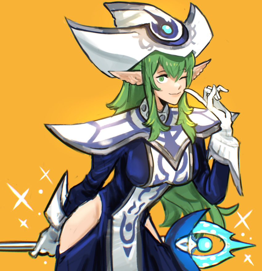 alternate_hairstyle arm_behind_back blue_robe breasts closed_mouth clothing_cutout commentary commission cosplay crossover english_commentary female finger_to_mouth fire_emblem fire_emblem_awakening gloves green_eyes green_hair hair_between_eyes hat highres holding holding_staff index_finger_raised large_breasts long_hair looking_at_viewer one_eye_closed pointy_ears robe sethkiel silent_magician silent_magician_(cosplay) simple_background smile solo staff tiki_(adult)_(fire_emblem) tiki_(fire_emblem) white_gloves white_hat witch_hat yellow_background yu-gi-oh!