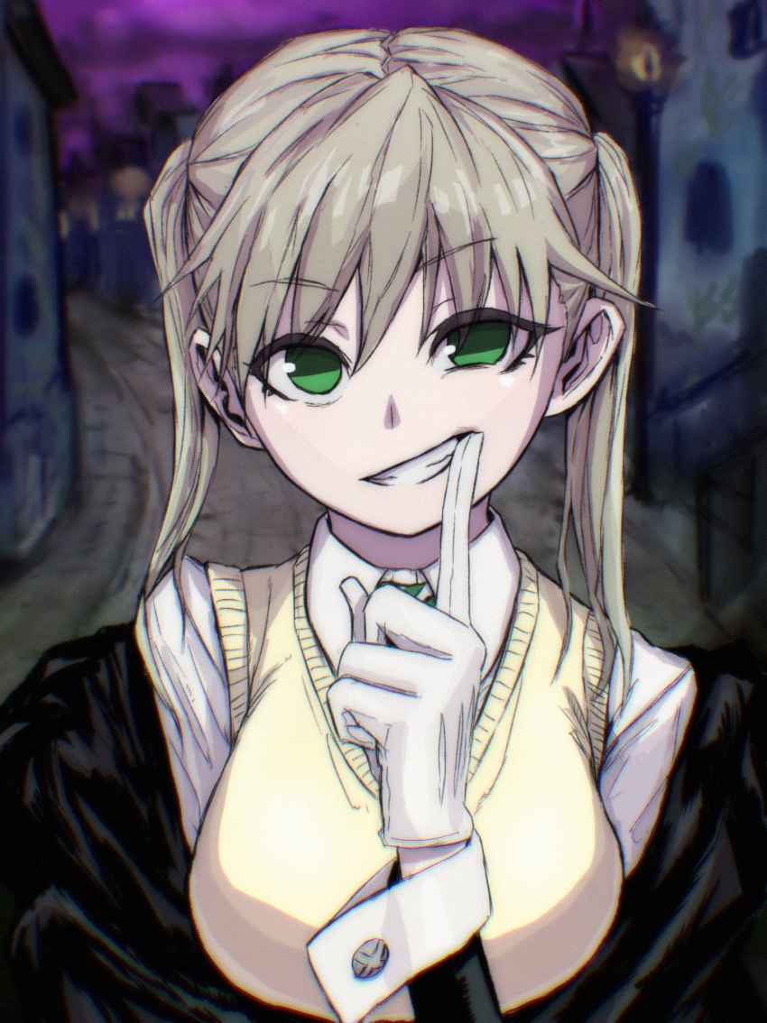 blonde_hair breasts collared_shirt female finger_to_mouth green_eyes grin hair_between_eyes hashtag-only_commentary highres jacket jagdpx long_hair long_sleeves looking_at_viewer maka_albarn medium_breasts necktie shirt smile solo soul_eater sweater sweater_vest teeth two_side_up upper_body vest white_shirt