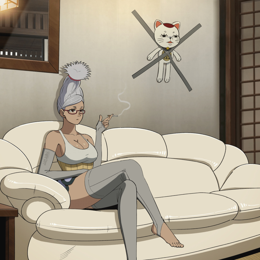 absurdres ayase_seiko barefoot beehive_hairdo breasts cigarette cleavage couch crossed_legs dandadan dolphin_shorts elbow_gloves feline female fingerless_gloves glass gloves grey_gloves grey_hair grey_thighhighs hachuart halterneck haramaki highres holding holding_cigarette indoors kid_taped_to_wall_(meme) large_breasts long_hair mature_male meme purple_shorts red-framed_eyewear shirt shorts sitting sleeveless sleeveless_shirt smoke smoking stirrup_legwear thighhighs toeless_legwear turbo_granny white_shirt