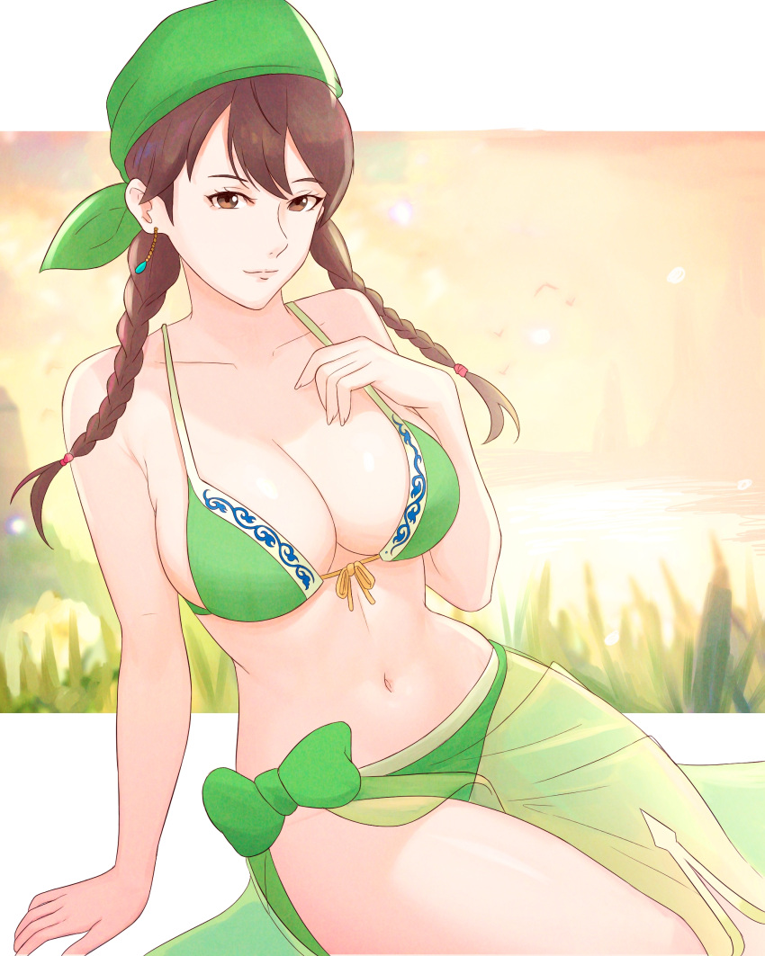 absurdres arm_support bandana bikini bird bow braid breasts brown_eyes brown_hair cleavage closed_mouth commission earrings female front-tie_bikini_top front-tie_top grass green_bandana green_bikini green_bow green_sarong hand_on_own_chest highres jewelry ling_shen_hua long_hair looking_at_viewer midriff navel orange_sky river sarong second-party_source shenmue shenmue_iii sky solo swept_bangs swimsuit thighs truejekart twin_braids