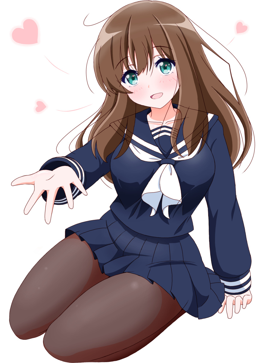 :d aqua_eyes black_pantyhose blue_sailor_collar blue_shirt blue_skirt brown_hair collarbone commentary_request female hair_between_eyes heart hibike!_euphonium highres imai_kazunari kuroe_mayu long_hair long_sleeves looking_at_viewer open_mouth outstretched_arm pantyhose sail sailor_collar school_uniform serafuku shirt sidelocks simple_background sitting skirt smile solo thighs white_background