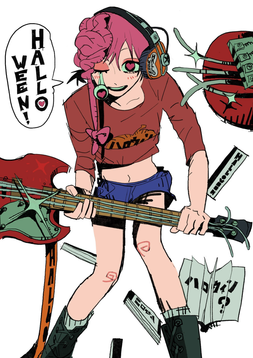 black_footwear blue_shorts boots brain chainsaw_man cosmo_(chainsaw_man) dangling_eye electric_guitar exposed_brain female guitar headphones heart heart-shaped_pupils highres holding holding_instrument instrument long_sleeves navel nineinsweet pink_eyes red_shirt shirt shorts solo speech_bubble symbol-shaped_pupils white_background