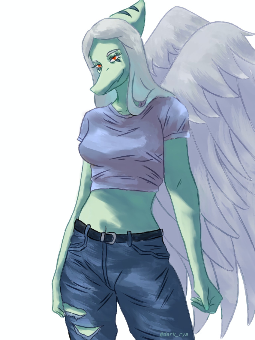 2024 3:4 5_fingers amber_eyes anthro artist_name belt biped blue_body blue_scales bone_frill bottomwear breasts clothed clothed_anthro clothed_female clothing colored crop_top dark_rya denim denim_bottomwear denim_clothing eyebrows fang_(gvh) feathered_wings feathers female fingers frill_(anatomy) front_view goodbye_volcano_high grey_body grey_clothing grey_crop_top grey_feathers grey_hair grey_shirt grey_topwear hair hi_res humanoid_hands jeans long_hair looking_at_viewer markings medium_breasts midriff navel non-mammal_breasts pants portrait prehistoric_species pterodactylus pterosaur reptile scales scalie shaded shirt simple_background smile solo standing striped_markings stripes three-quarter_portrait topwear torn_bottomwear torn_clothing torn_pants white_background wings