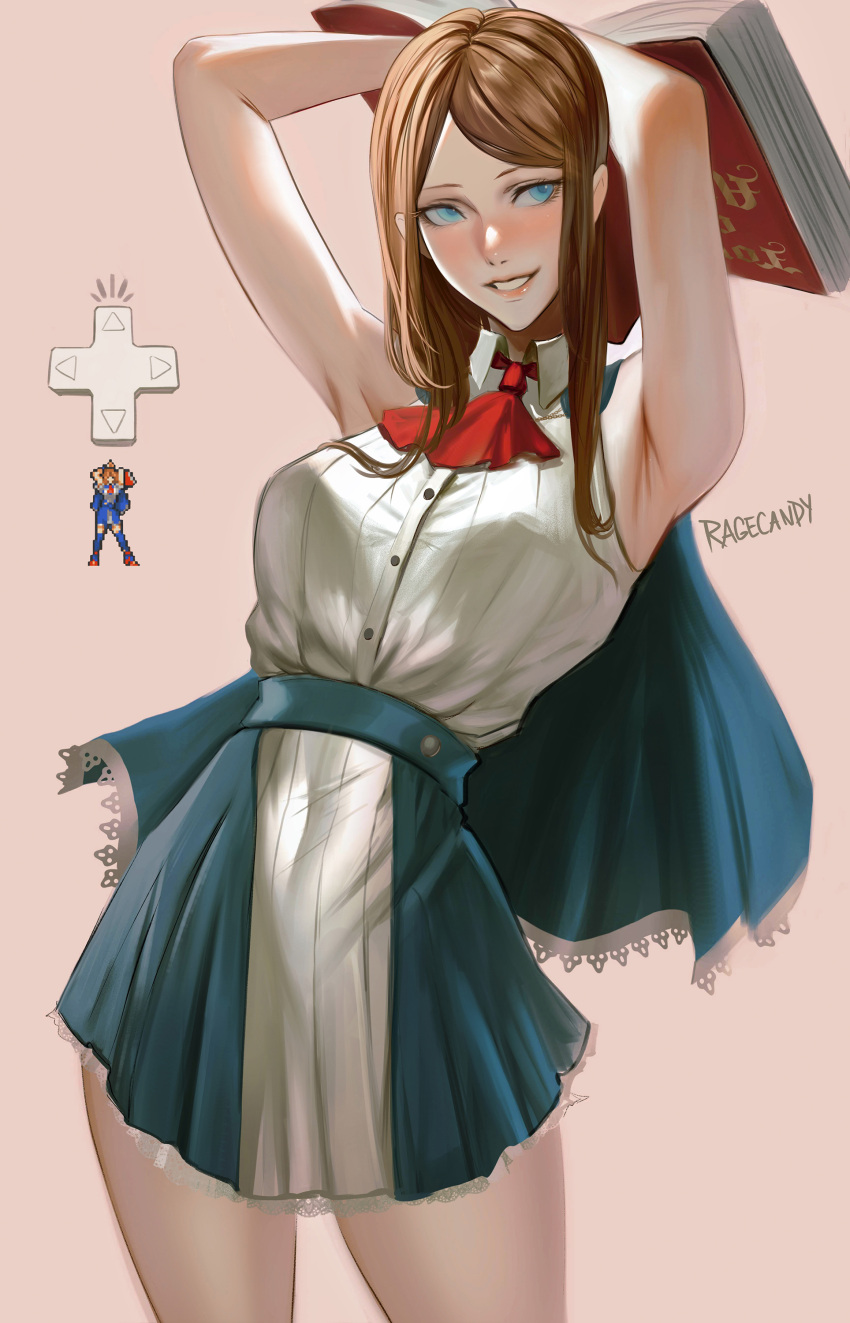 absurdres armpits ascot bare_shoulders blue_capelet blue_eyes book brown_hair capelet castlevania:_portrait_of_ruin castlevania_(series) charlotte_aulin dress female highres holding holding_book long_hair pixel_art ragecndy red_ascot shirt sleeveless sleeveless_dress solo white_shirt