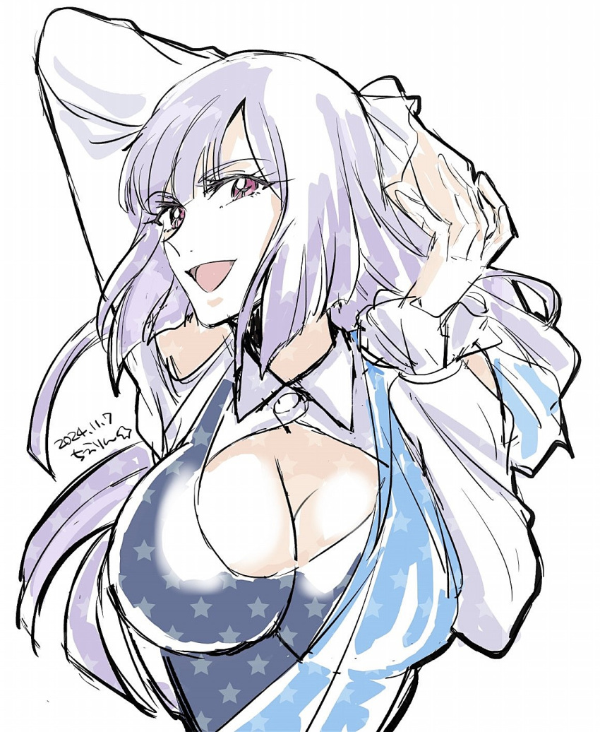 bare_shoulders blue_tank_top blush breasts cleavage clothing_cutout dated earrings female gundam gundam_zz highres jewelry large_breasts long_hair looking_at_viewer open_mouth purple_eyes purple_hair red_eyes roux_louka shoulder_cutout signature smile solo spandex tank_top upper_body white_background yanada_kiyorin