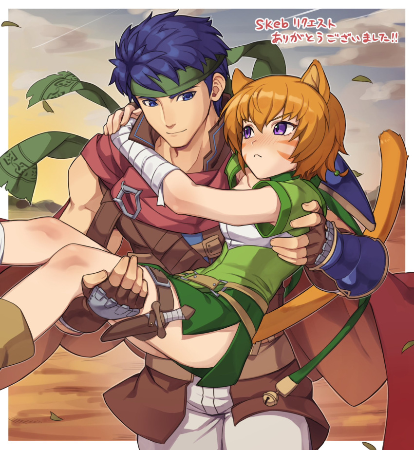 1boy animal_ears blue_eyes blue_hair blush border brown_gloves carrying carrying_person cat_ears cat_girl closed_mouth commentary_request commission female fire_emblem fire_emblem:_radiant_dawn gloves green_headband hair_between_eyes headband highres ike_(fire_emblem) lethe_(fire_emblem) muscular muscular_male nyo02921978 orange_hair outside_border purple_eyes short_hair skeb_commission tail translation_request white_border